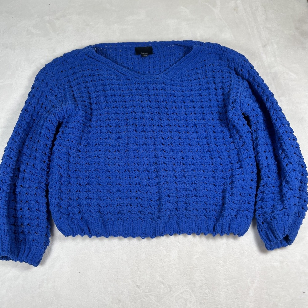 Lumiere Sweater Womens Medium Blue‎ Chunky Open Textured Knit V Neck Pullover